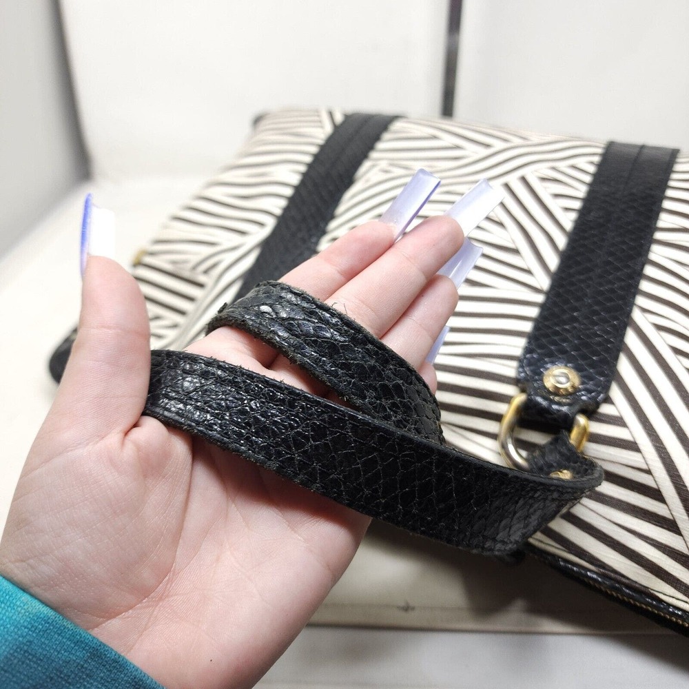 Henri Bendel Laptop Bag Disturbed Stripe Brown Black Canvas Leather Briefcase - Picture 15 of 16